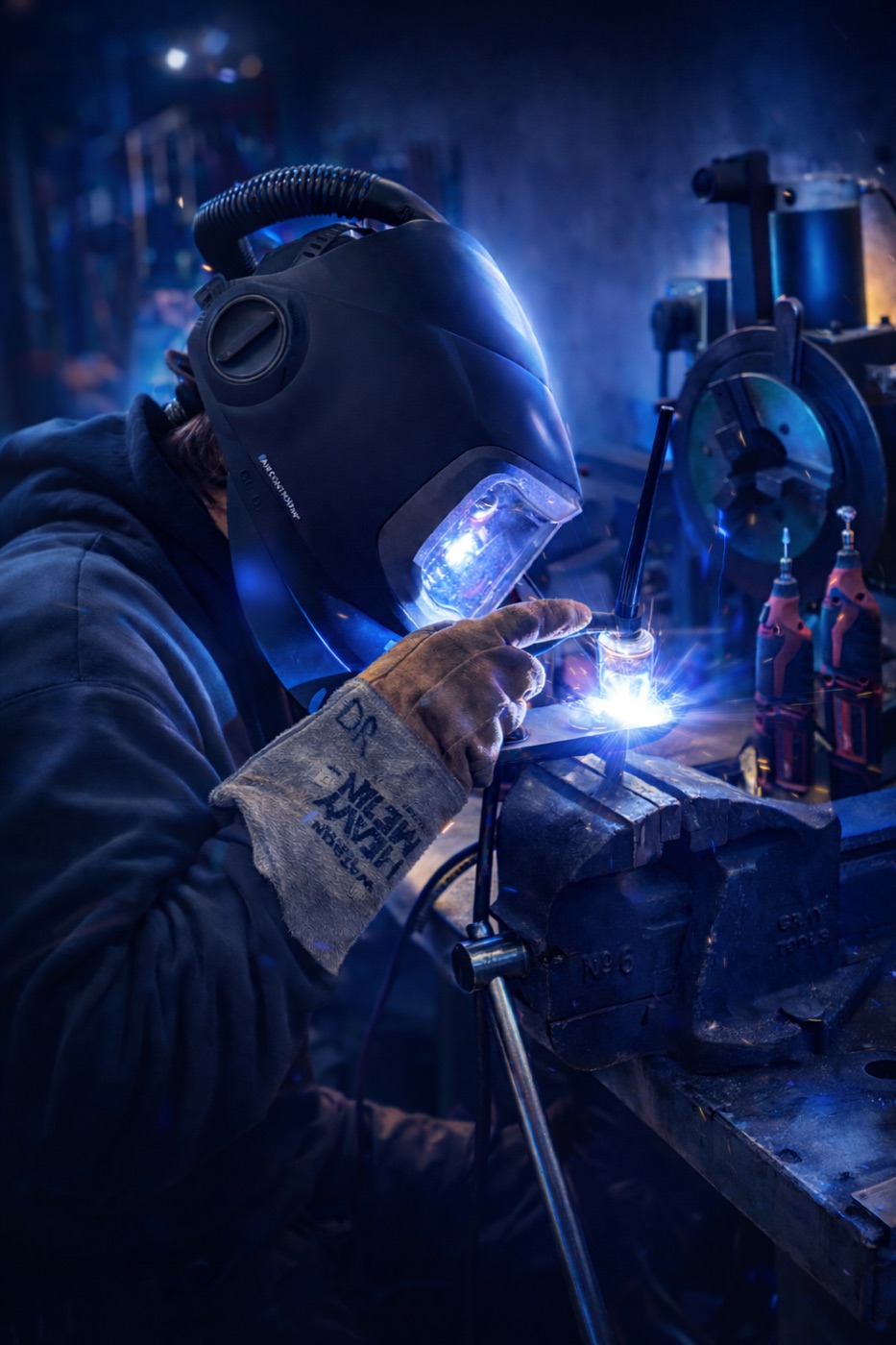 Professional welder in a respirator helmet and heavy-duty gloves, TIG welding with a bright blue arc on metal in a vise