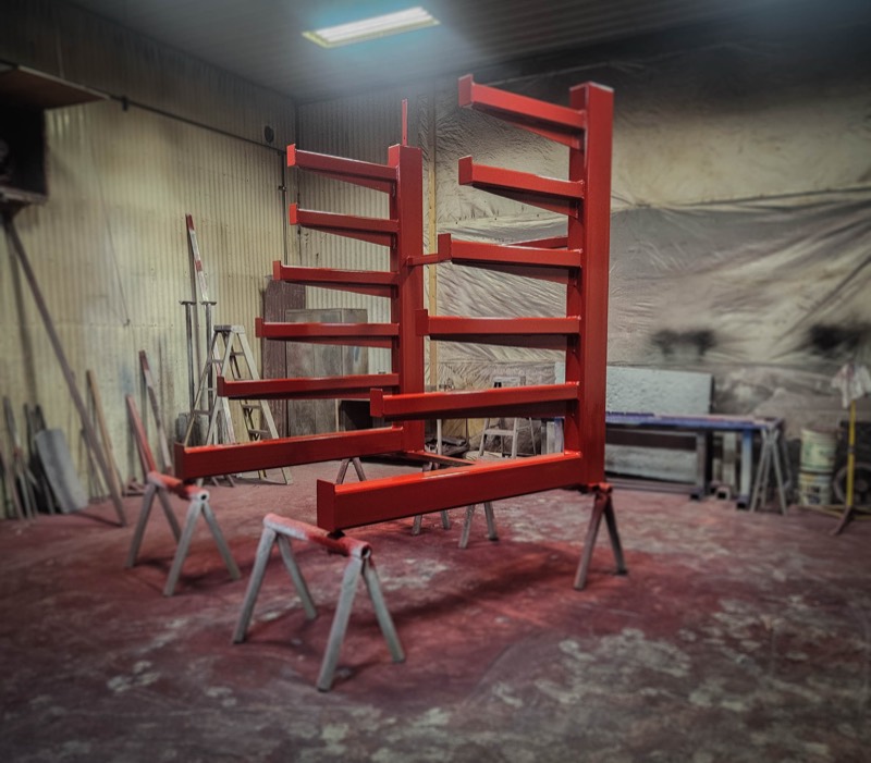 Finished red cantilever rack ready for delivery