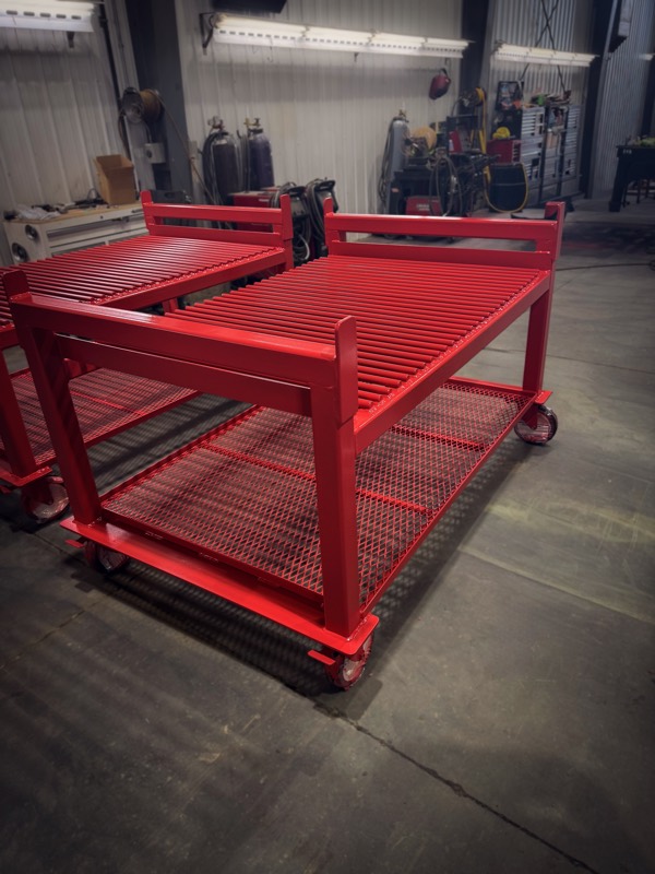 Pair of red roller-top shop carts