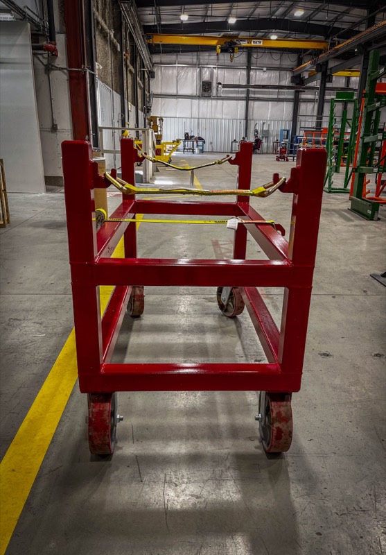 Long red strap-frame transport cart